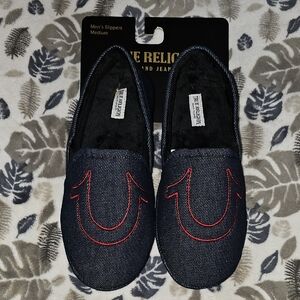 True Religion Denim Slippers with Red Stitching